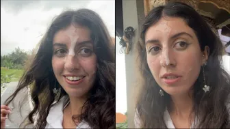 Pizzafaló lány arcán spriccelve sétál a kávézóban